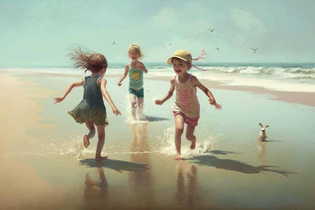 Children playing at the beach, as generated by Midjourney.