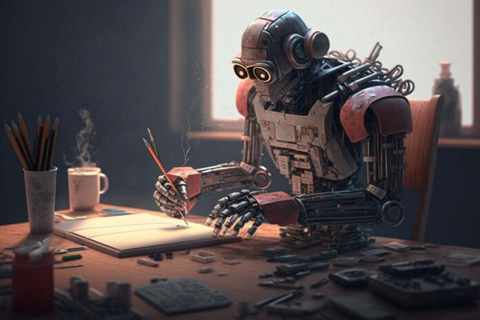 AI robot sitting on a desk creating work.