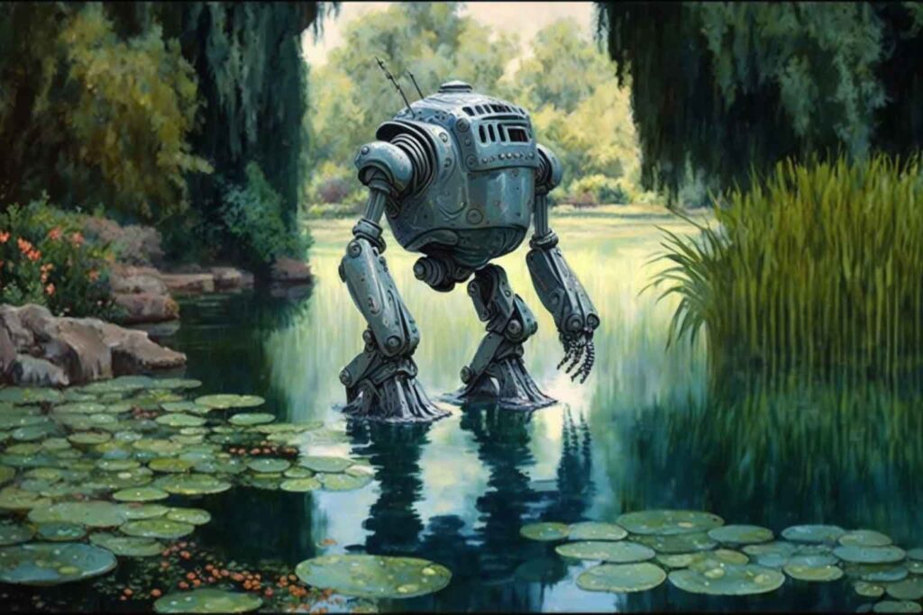 Generative AI: A Robot in a pond, Monet style.